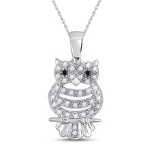  10k White Gold Womens Round Black Color Enhanced Diamond Owl Bird Animal Pendant 1/6 Cttw