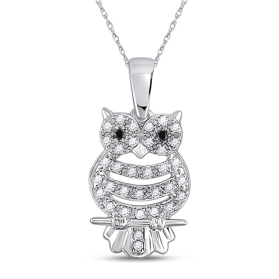 10k White Gold Womens Round Black Color Enhanced Diamond Owl Bird Animal Pendant 1/6 Cttw