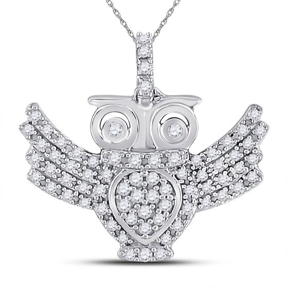 10k White Gold Womens Round Diamond Owl Bird Animal Pendant 1/4 Cttw