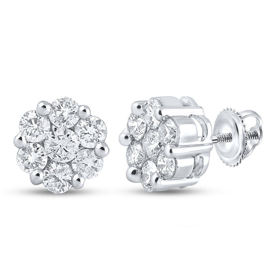 14k White Gold Womens Round Diamond Flower Cluster Earrings 2 Cttw