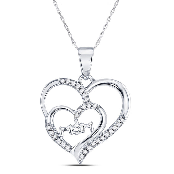 10k White Gold Womens Round Diamond Mom Double Heart Pendant 1/8 Cttw