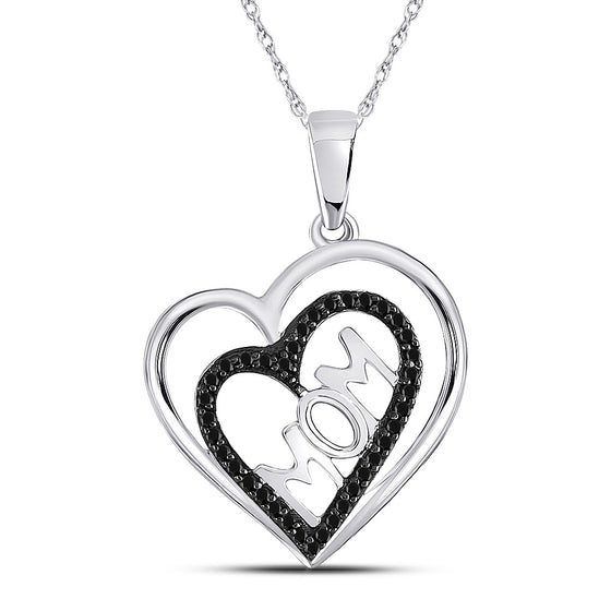 10k White Gold Womens Round Black Color Enhanced Diamond Mom Heart Pendant 1/8 Cttw