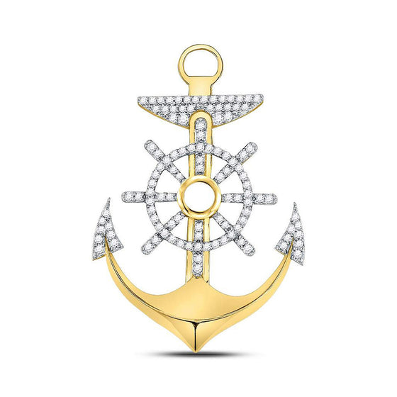 10k Yellow Gold Mens Round Diamond Anchor Wheel Nautical Charm Pendant 1-1/5 Cttw