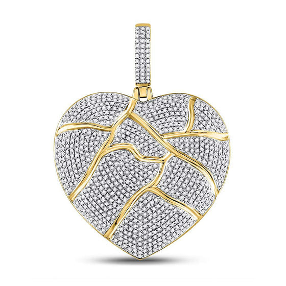 10k Yellow Gold Mens Round Diamond Fractured Broken Heart Charm Pendant 1-1/2 Cttw