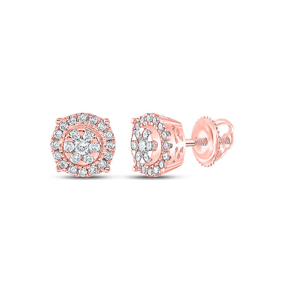 14k Rose Gold Womens Round Diamond Halo Cluster Earrings 1/4 Cttw