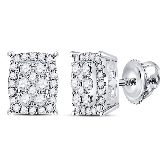 14k White Gold Womens Round Diamond Rectangle Cluster Earrings 1/4 Cttw