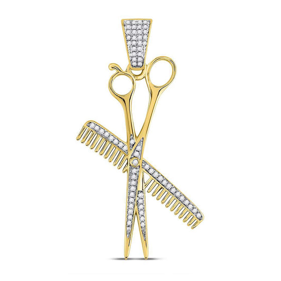 10k Yellow Gold Mens Round Diamond Barber Scissors Comb Clippers Charm Pendant 1/3 Cttw