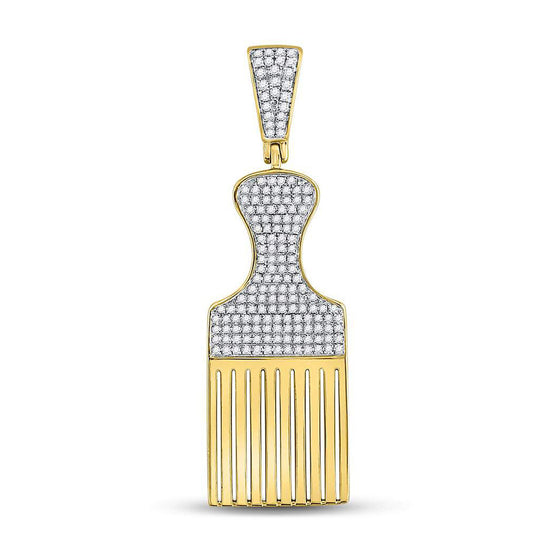 10k Yellow Gold Mens Round Diamond Afro Hair Pick Charm Pendant 1/2 Cttw