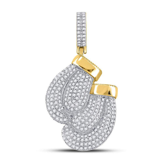 10k Yellow Gold Mens Round Diamond Boxing Gloves Sports Charm Pendant 1-3/4 Cttw