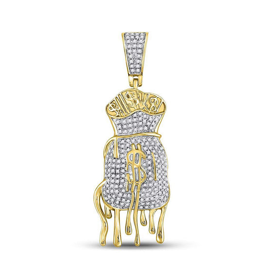 10k Yellow Gold Mens Round Diamond Dripping Money Bag Charm Pendant 1/2 Cttw