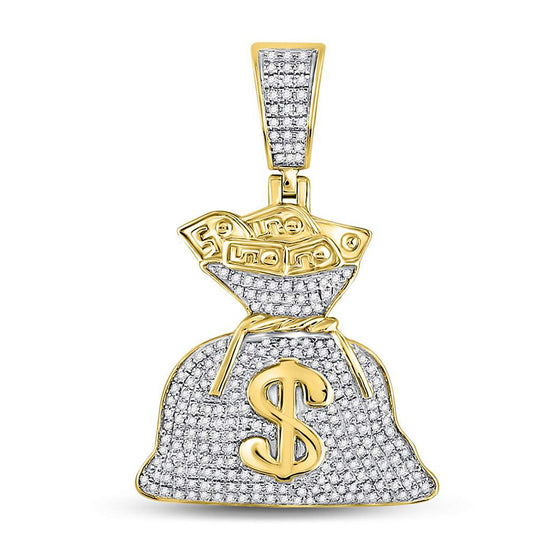 10k Yellow Gold Mens Round Diamond Money Bag Dollar Charm Pendant 1/2 Cttw