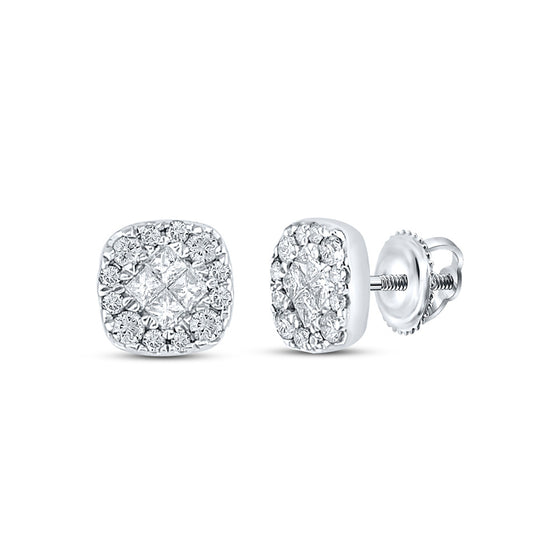 14k White Gold Womens Princess Round Diamond Square Cluster Earrings 1/4 Cttw