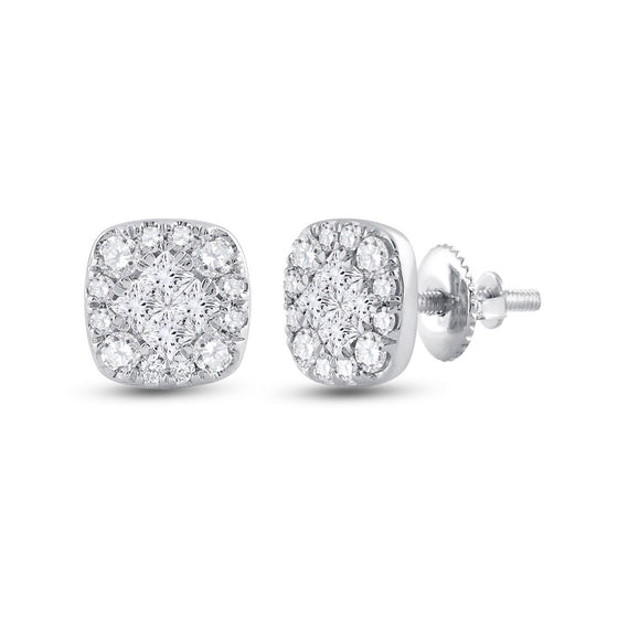 14k White Gold Womens Princess Round Diamond Square Cluster Earrings 1/2 Cttw