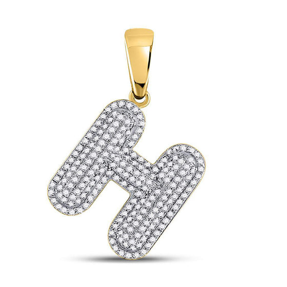 10k Yellow Gold Mens Round Diamond Letter H Bubble Initial Charm Pendant 5/8 Cttw