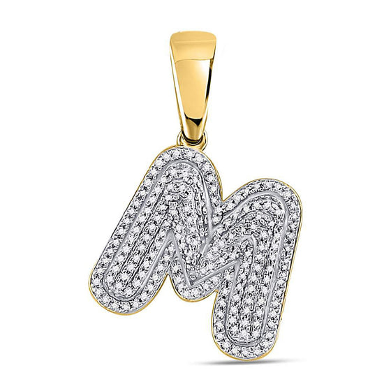 10k Yellow Gold Mens Round Diamond Letter M Bubble Initial Charm Pendant 1/2 Cttw