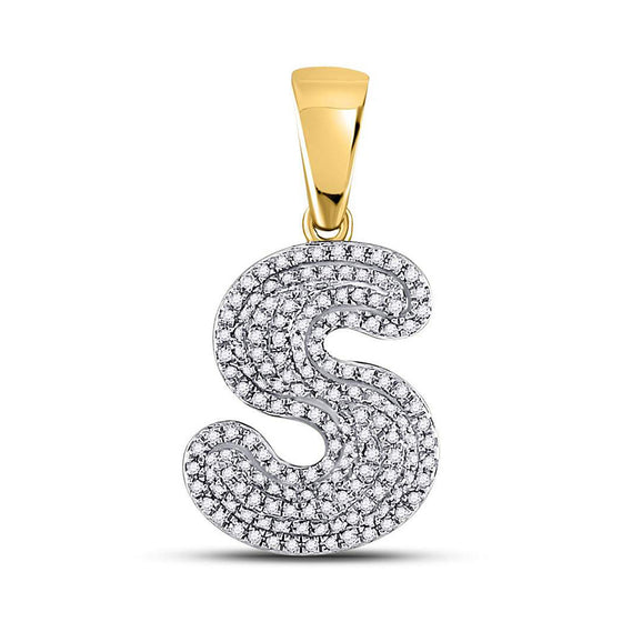 10k Yellow Gold Mens Round Diamond Letter S Bubble Initial Charm Pendant 1/2 Cttw