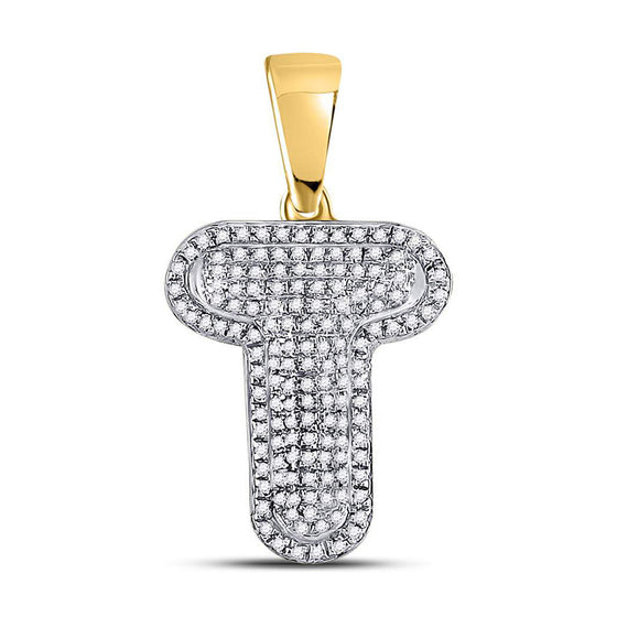 10k Yellow Gold Mens Round Diamond Letter T Bubble Initial Charm Pendant 3/8 Cttw