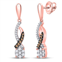  10k Rose Gold Womens Round Brown Diamond Dangle Earrings 1/5 Cttw