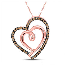  10k Rose Gold Womens Round Brown Diamond Double Heart Pendant 1/6 Cttw