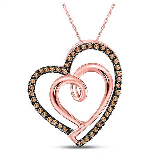 10k Rose Gold Womens Round Brown Diamond Double Heart Pendant 1/6 Cttw