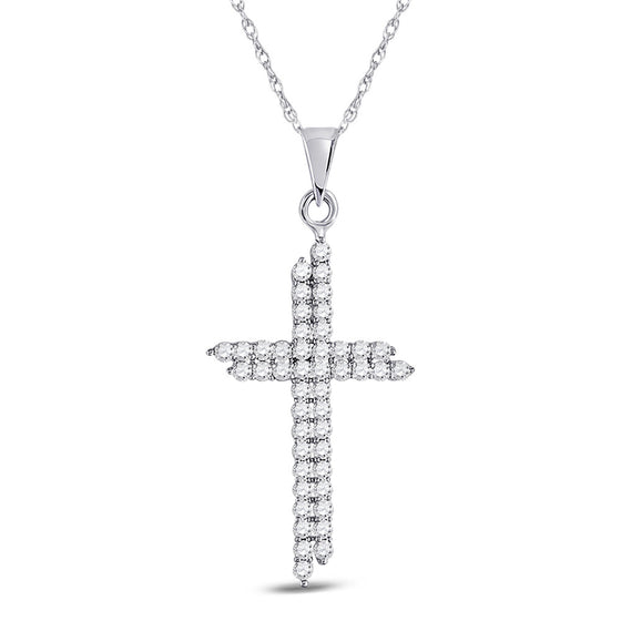 10k White Gold Womens Round Diamond Asymmetric Cross Pendant 1/2 Cttw