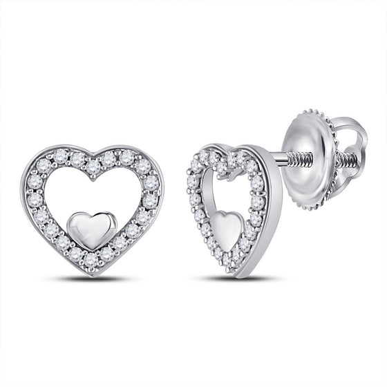 10k White Gold Womens Round Diamond Heart Earrings 1/8 Cttw
