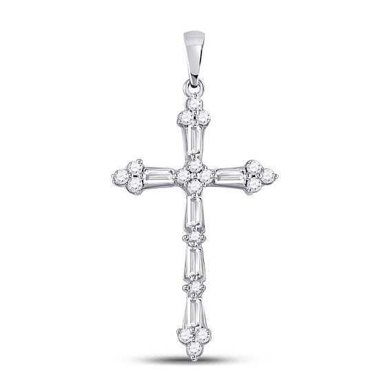 10k White Gold Womens Round Baguette Diamond Cross Pendant 1/2 Cttw