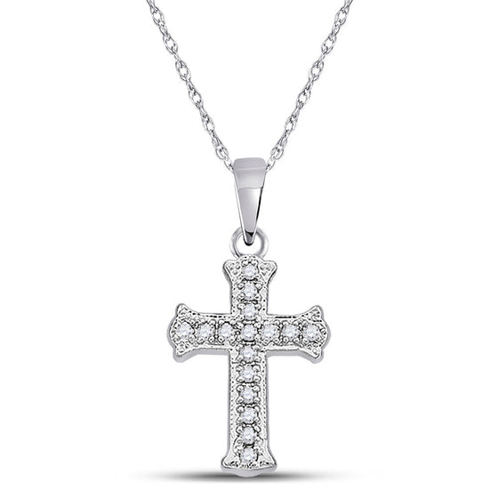 10k White Gold Womens Round Diamond Cross Pendant 1/12 Cttw