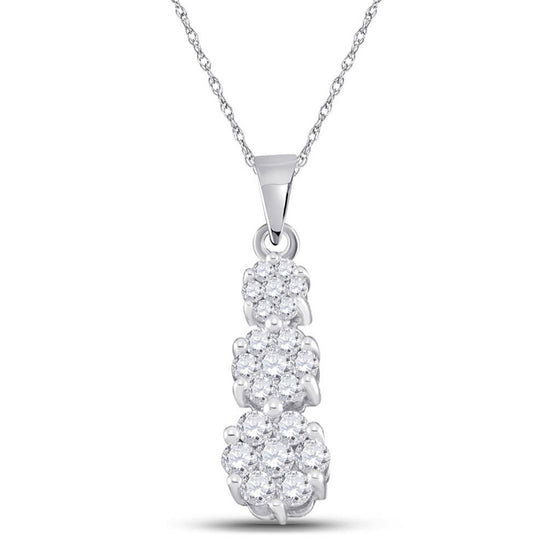 14k White Gold Womens Round Diamond Triple Flower Cluster Pendant 1/2 Cttw