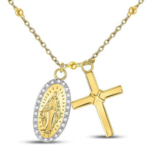  Yellow-tone Sterling Silver Womens Round Diamond Rosary Cross Necklace 1/10 Cttw