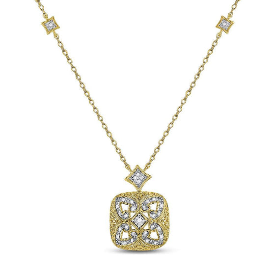 Yellow-tone Sterling Silver Womens Round Diamond Filigree Fashion Necklace 1/10 Cttw