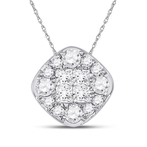 14k White Gold Womens Princess Diamond Offset Square Cluster Pendant 1/2 Cttw