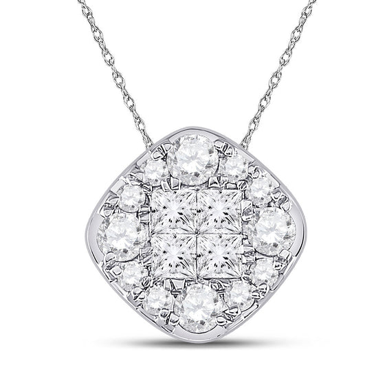 14k White Gold Womens Princess Diamond Offset Square Cluster Pendant 1 Cttw