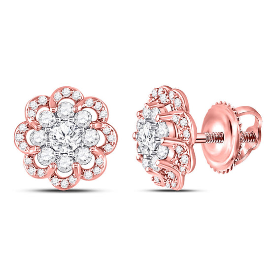 10k Two-tone Gold Womens Round Diamond Flower Halo Cluster Earrings 1 Cttw