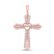  10k Rose Gold Womens Round Diamond Heart Cross Pendant 1/4 Cttw