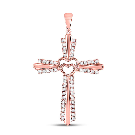 10k Rose Gold Womens Round Diamond Heart Cross Pendant 1/4 Cttw