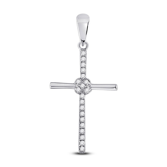 10k White Gold Womens Round Diamond Cross Pendant 1/12 Cttw