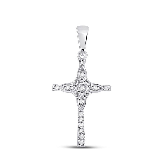 10k White Gold Womens Round Diamond Cross Pendant 1/12 Cttw