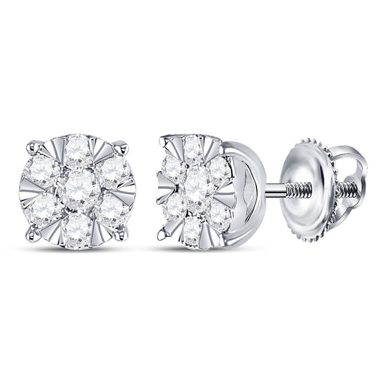 14k White Gold Womens Round Diamond Fashion Cluster Earrings 1/2 Cttw