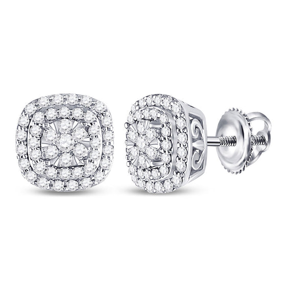 14k White Gold Womens Round Diamond Cushion Halo Cluster Earrings 1/2 Cttw