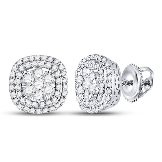 14k White Gold Womens Round Diamond Cluster Cushion Earrings 1 Cttw