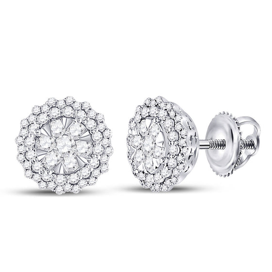 14k White Gold Womens Round Diamond Halo Cluster Earrings 1 Cttw