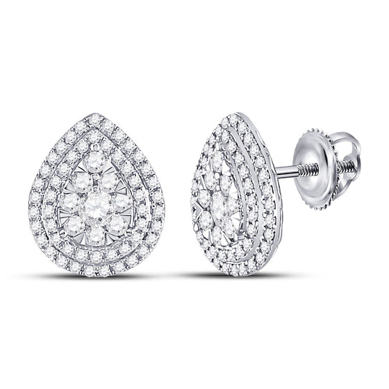 14k White Gold Womens Round Diamond Cluster Teardrop Earrings 1 Cttw