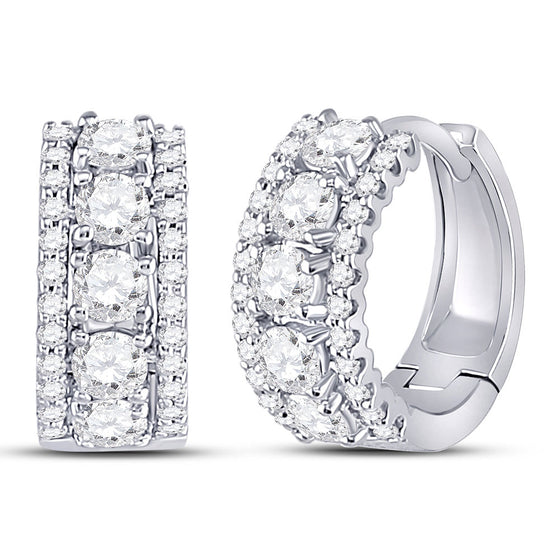 14k White Gold Womens Round Diamond 3-Row Huggie Earrings 1 Cttw
