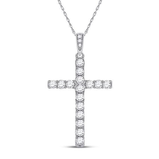 14k White Gold Womens Round Diamond Cross Pendant 1/2 Cttw