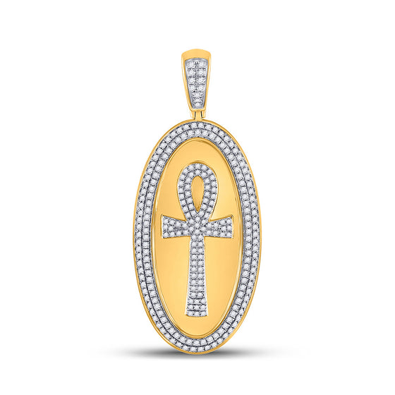 10k Yellow Gold Mens Round Diamond Oval Ankh Cross Charm Pendant 2 Cttw