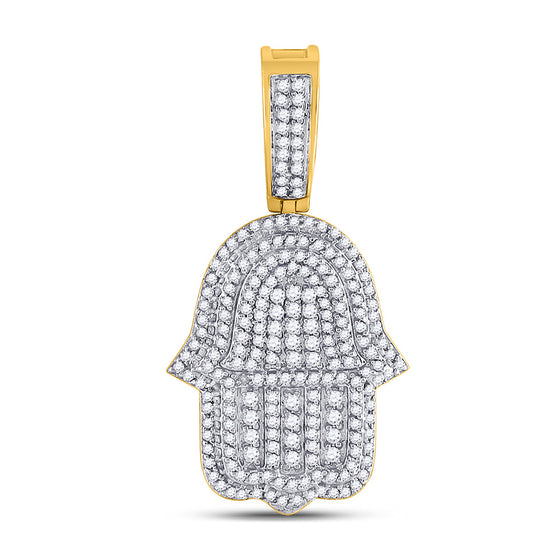 10k Yellow Gold Mens Round Diamond Hamsa Fatima Hand Charm Pendant 1-7/8 Cttw