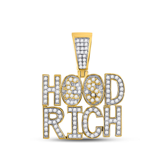 10k Yellow Gold Mens Round Diamond Hood Rich Phrase Charm Pendant 1-3/4 Cttw