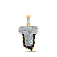  10k Yellow Gold Mens Round Red Color Enhanced Diamond Letter T Blood Charm Pendant 5/8 Cttw