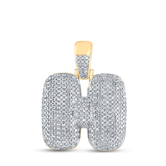 10k Yellow Gold Mens Round Diamond Bubble H Letter Charm Pendant 7/8 Cttw